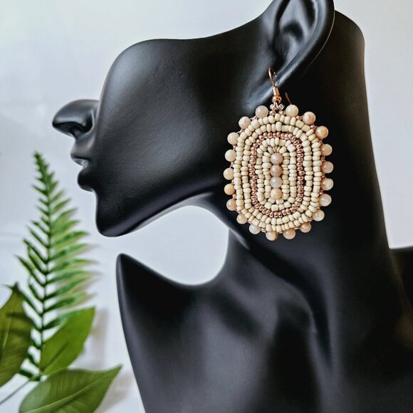 Rose Gold Beaded Turquoise Bohemian Shield Hoop Earrings | Handmade Jewelry - Picture 1 of 6